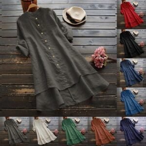 Women Cotton Linen Loose T-Shirt Dress Ladies Casual Tunic Tops Blouse Plus Size