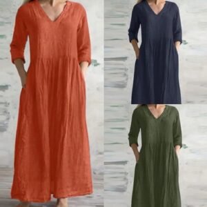 Women V-Neck Cotton Linen Maxi Dress Kaftan Casual Baggy Long Dress Plus Size