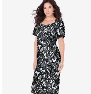 Roamans Dress Womens Size 36W Black White Floral Pattern Short Sleeve