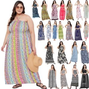 Oussum Women Maxi Tube Dress Plus Size Printed Smocked Pleated Bohemian Dresses