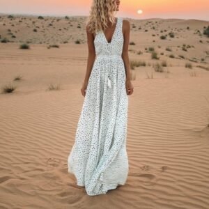 Women Sleeveless Polka Dots Boho Maxi Dress Cocktail Party Summer Beach Sundress