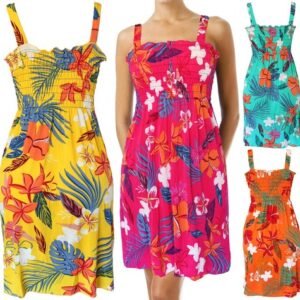 Summer Sundress for Women Hawaiian Beach Cover Up Sleeveless Smocked Dress