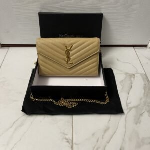 Yveś Śaint Laurent Gold On Beige Leather Crossbody Bag(NO BOX)
