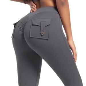 Pockets Gym Leggings Women Yoga Pants High Waist Solid Color Butt Lifting Pants