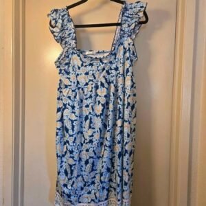 LOLOCCI Bohemian Sweetheart Neck Ruffle Sleeve Midi Smocked Sundress, Blue,L