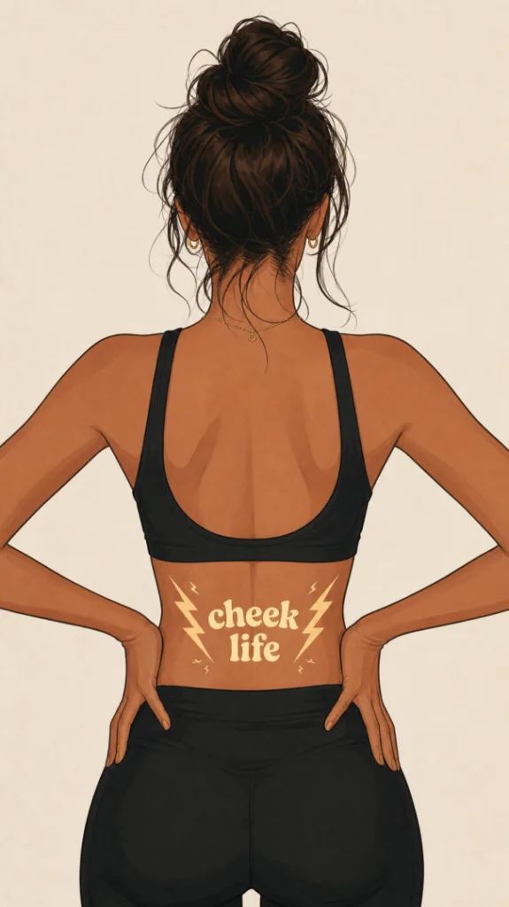 a image of a woman with viral bolts coming out of the top of her butt cheeks and the logo title cheek life on lower back